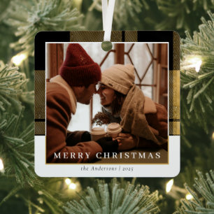 Modernl Stylish Gold Plaid Christmas Couple Photo Metal Ornament