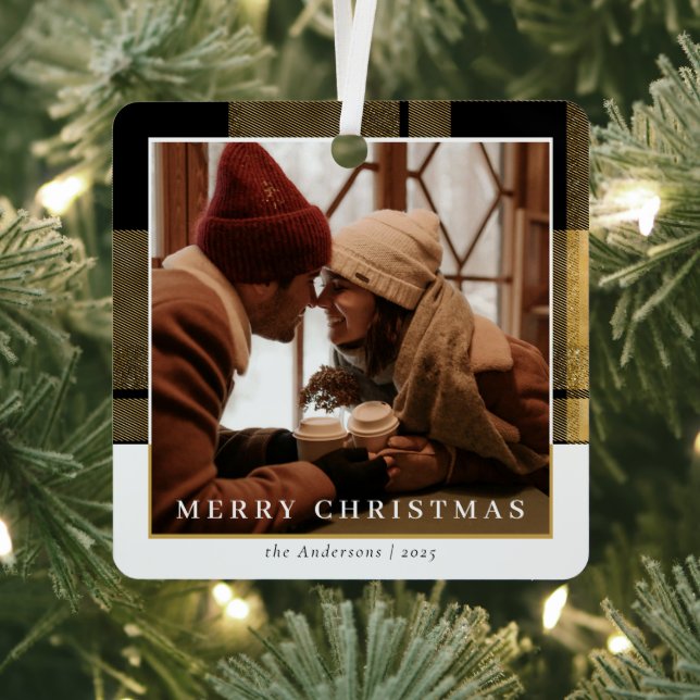 Modernl Stylish Gold Plaid Christmas Couple Photo Metal Ornament (Insitu)