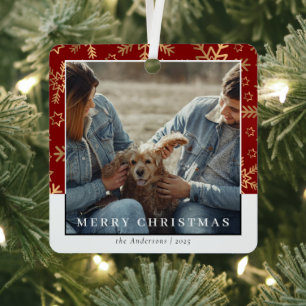 Modernl Stylish Red Gold Christmas Couple Photo Metal Ornament