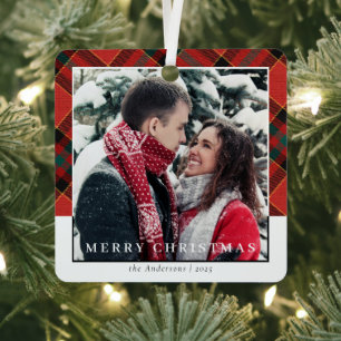 Modernl Stylish Red Plaid Christmas Couple Photo Metal Ornament