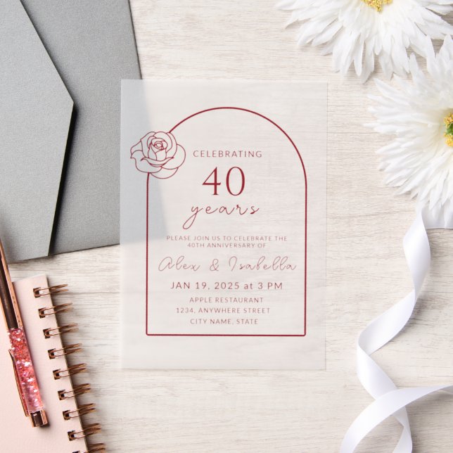 ModernMinimalist Ruby Red 40th Wedding Anniversary Vellum Invitations (Wedding)