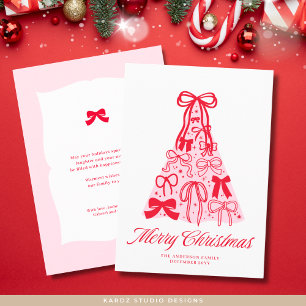 ModernPink Red Bow Merry Christmas Holiday Card