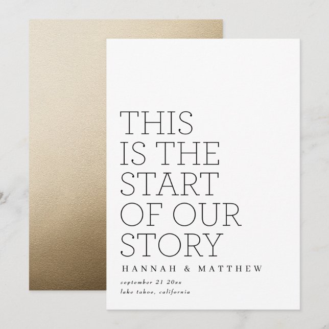 modernstart of our story gold typography wedding save the date (Front/Back)