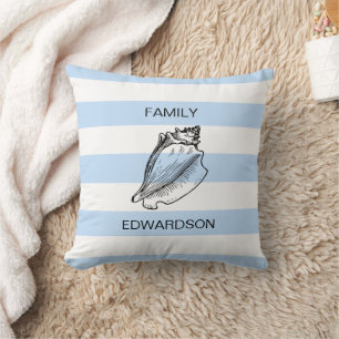 Modernt Blue Stripes sea shell beach personal Throw Pillow