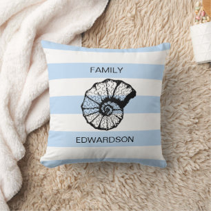 Modernt Blue Stripes sea shell beach personal Throw Pillow