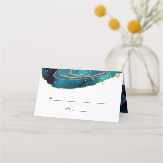 ModernTeal Watercolor Gold Agate Geode Wedding Place Card