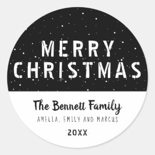 Moderrn Black and White Typography Merry Christmas Classic Round Sticker