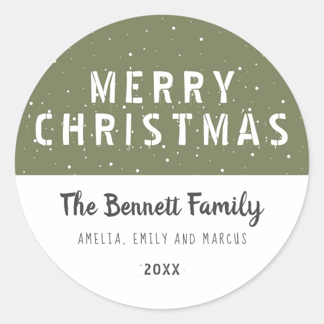 Moderrn Olive Green Typography Merry Christmas Classic Round Sticker (Front)