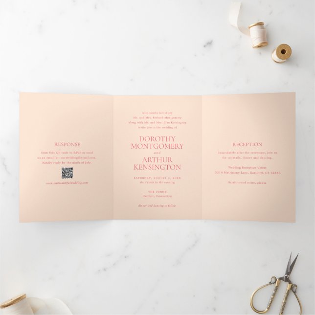Moderrn Peach QR Code Elegant Wedding Tri-Fold Invitation (Inside)