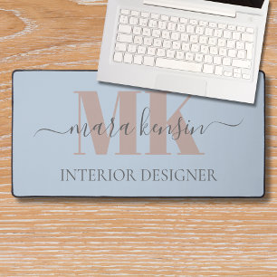 Modert Mocha Mousse Monogram Dusty Blue Desk Mat