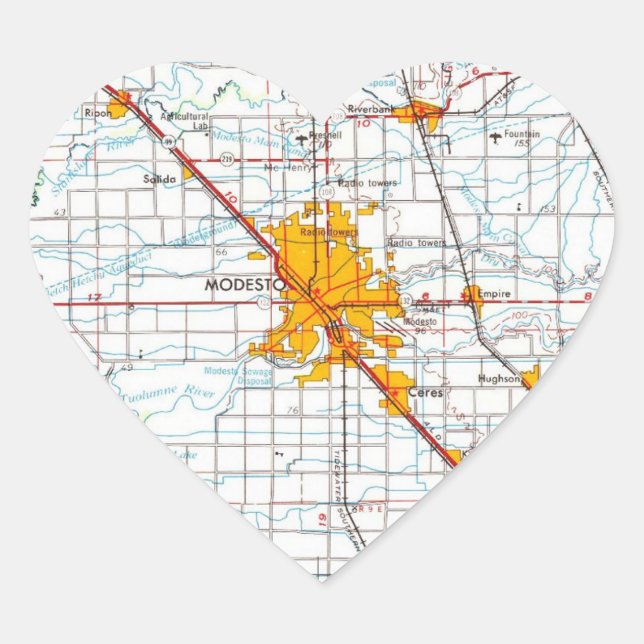 Modesto California Vintage Map Heart Sticker (Front)