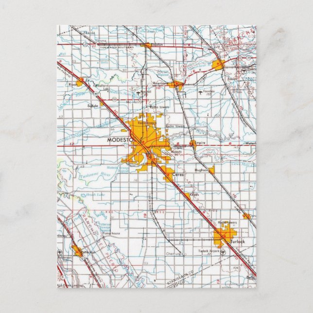 Modesto California Vintage Map Postcard (Front)
