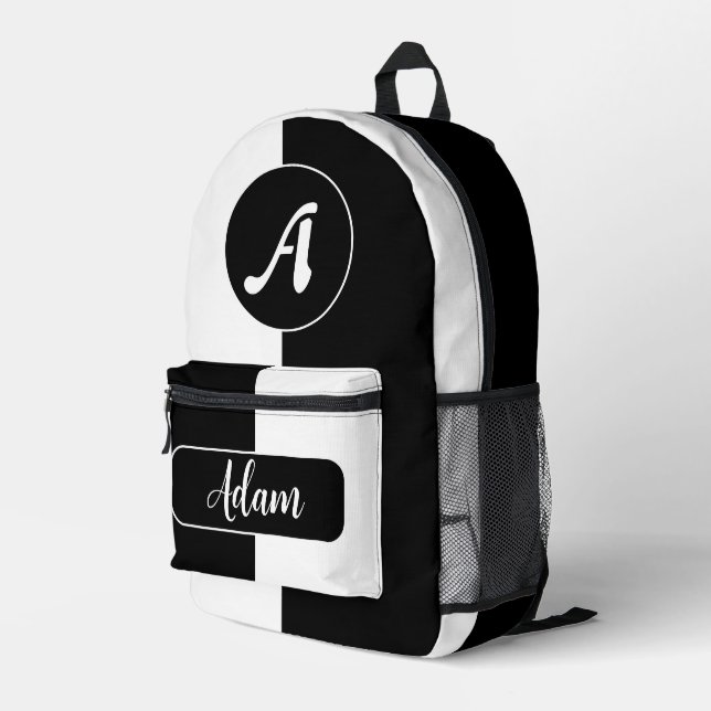 Modish Black & White Colour - Monogram Initial Nam Printed Backpack (Back Corner Right)