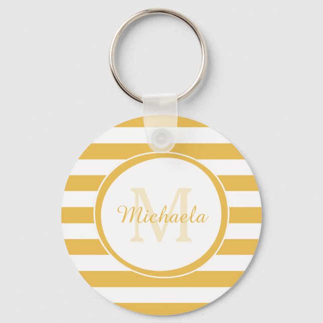 Modish Golden Yellow Broad Stripes With Monogram Keychain (Front)
