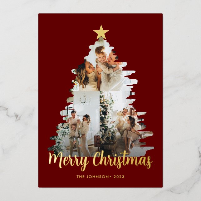 Modish Red Christmas Tree Frame 3 Photo Foil Holiday Card (Front)