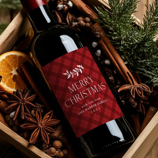 Modren Red Plaid Rustic Christmas Wine Label (Modern red plaid rustic Christmas wine label.)