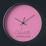 Modrn Minimalist Simple Name Pink Clock<br><div class="desc">Modern minimalist simple and stylish large clock with a modern solid colour style in a beautiful pink and name in simple modern typography. You can easily personalise for yourself or as a special gift for a loved one.</div>