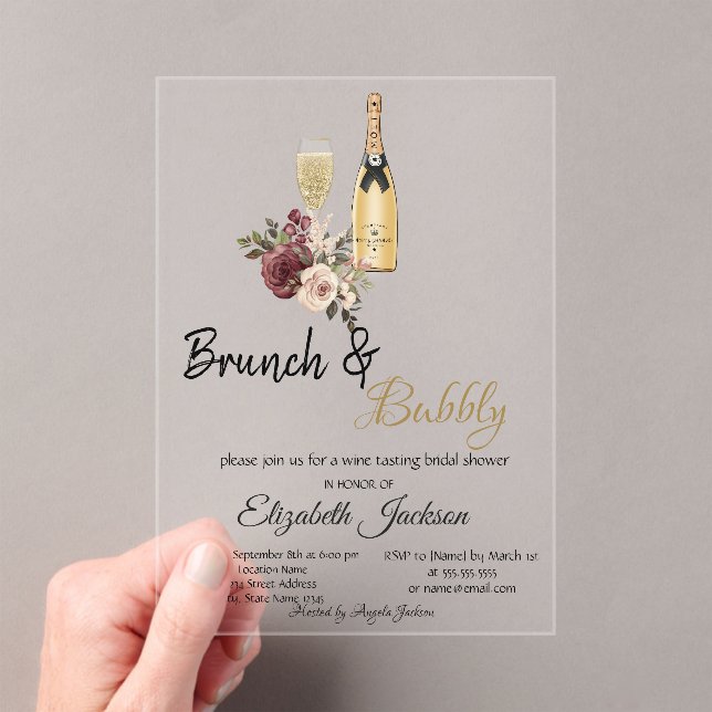 Moet Glass Floral Brunch & Bubbly Bridal Shower  Acrylic Invitations (Insitu (Handheld))