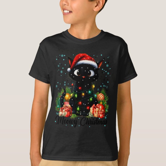 Moewy Christmas Black Cute Cat Santa Hat Xmas Wome T-Shirt (Front)