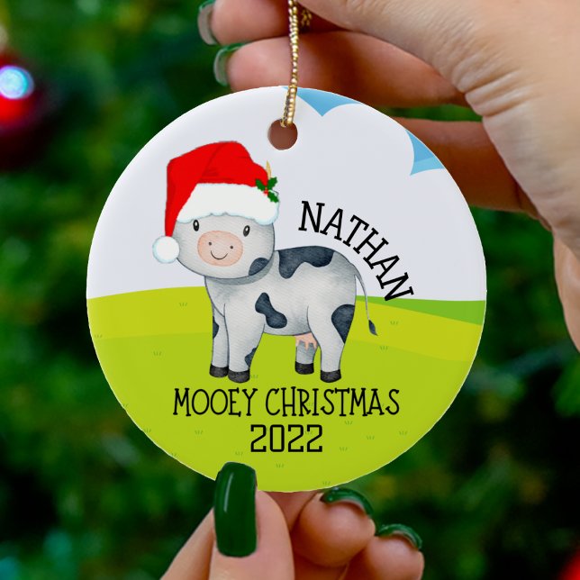 Moey Noël Vache Ornement de Noël pour enfants (mooey Christmas cow wearing santa claus hat Christmas ornament)