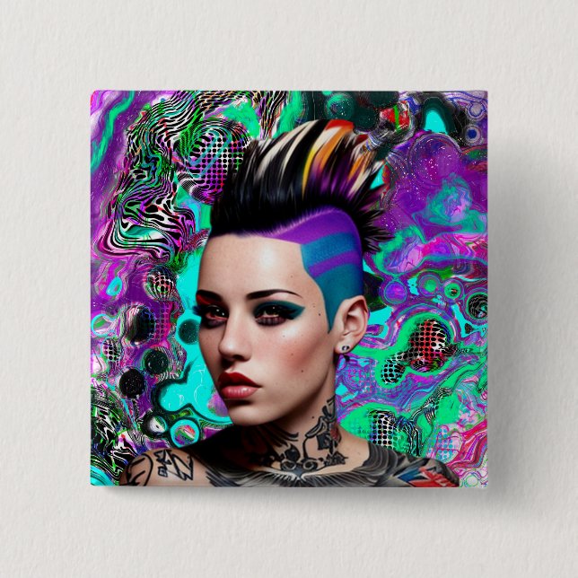 Mohawk Punk Girl Abstract Art 2 Inch Square Button (Front)