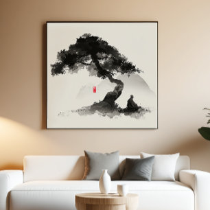 Moine & Pin - Art mural à l'encre zen - Décor mini