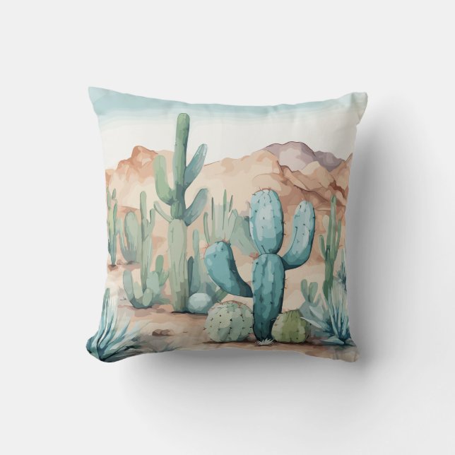 Mojave Desert Cactus Watercolor Throw Pillow (Front)