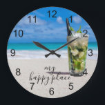 Mojito Cocktail Beach Happy Place   Large Clock<br><div class="desc">This design may be personalized in the area provided by changing the photo and/or text. Or it can be customized by clicking Personalize this Template and then choosing the click to customize further option and delete or change the colour of the background, add text, change the text colour or style,...</div>