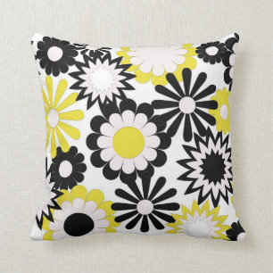 MoJo Throw Pillows, yellow, black & white flowers Throw Pillow