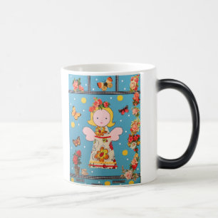 mok funny little angel in blauw met bonte bloemen magic mug