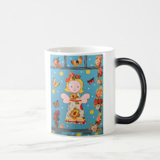 mok funny little angel in blauw met bonte bloemen magic mug