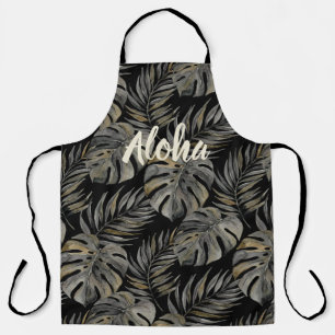 Moku Island Hawaiian Watercolor Monstera -Black Apron