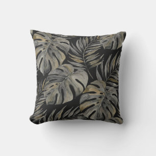Moku Island Hawaiian Watercolor Monstera- Black Outdoor Pillow