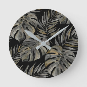 Moku Island Hawaiian Watercolor Monstera- Black Round Clock