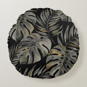 Moku Island Hawaiian Watercolor Monstera- Black Round Pillow