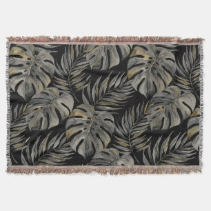 Moku Island Hawaiian Watercolor Monstera- Black Throw Blanket