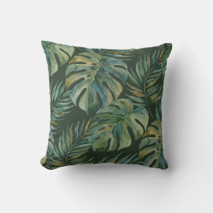 Moku Island Hawaiian Watercolor Monstera- Green Outdoor Pillow