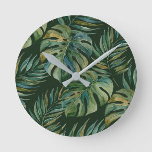 Moku Island Hawaiian Watercolor Monstera- Green Round Clock