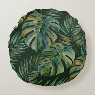 Moku Island Hawaiian Watercolor Monstera- Green Round Pillow