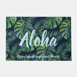 Moku Island Hawaiian Watercolor Monstera - Navy Doormat
