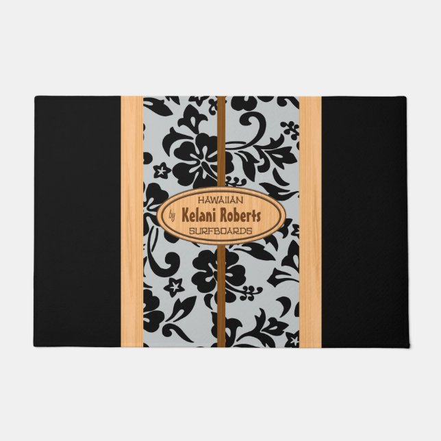 Mokuleia Hawaiian Faux Wood Monogram Surfboard Doormat (Front)