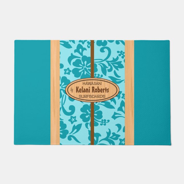 Mokuleia Hawaiian Faux Wood Monogram Surfboard Doormat (Front)
