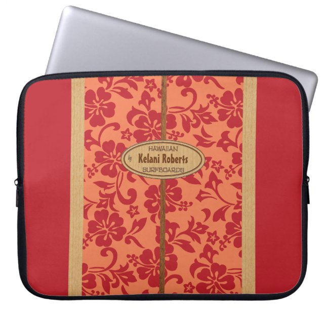 Mokuleia Hawaiian Faux Wood Monogram Surfboard Laptop Sleeve (Front)