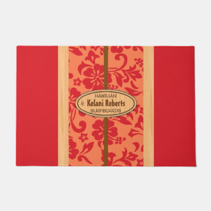 Mokuleia Hawaiian Faux Wood Monogram Surfboard Red Doormat