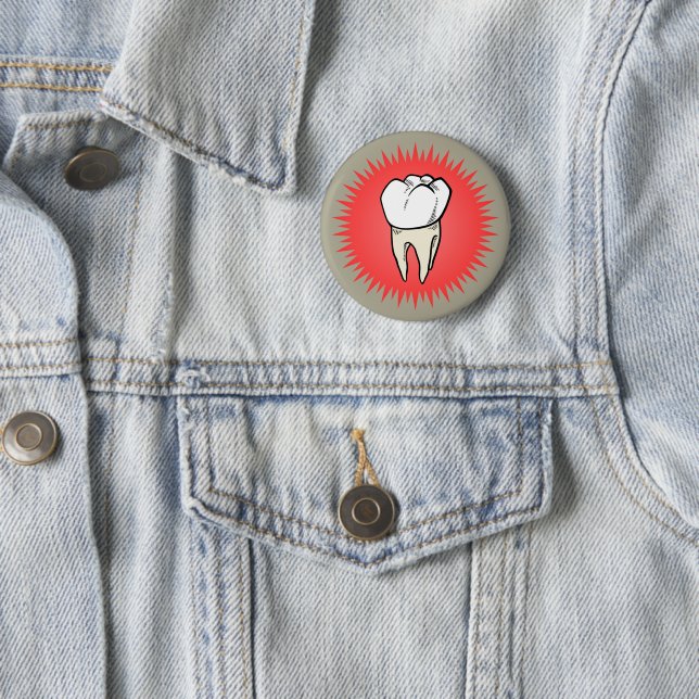 Molar freshly extracted on a red starburst 2 inch round button (In Situ)