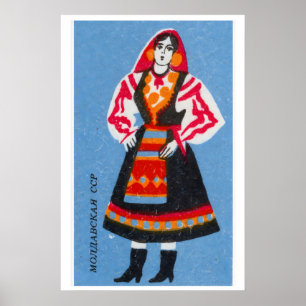 Moldovan Woman Matchbox Art Print, Russian Vintage Poster