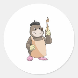 Mole as Painter with Paint brush Classic Round Sticker