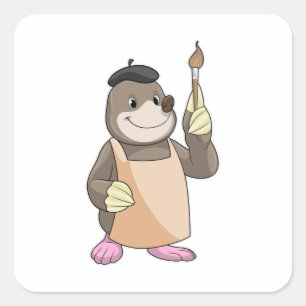 Mole as Painter with Paint brush Square Sticker