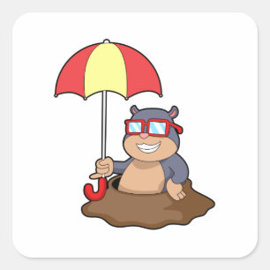 Mole at Raining with Umbrella Square Sticker