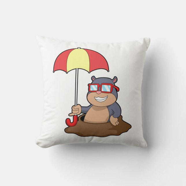 Mole at Raining with Umbrella Throw Pillow (Front)